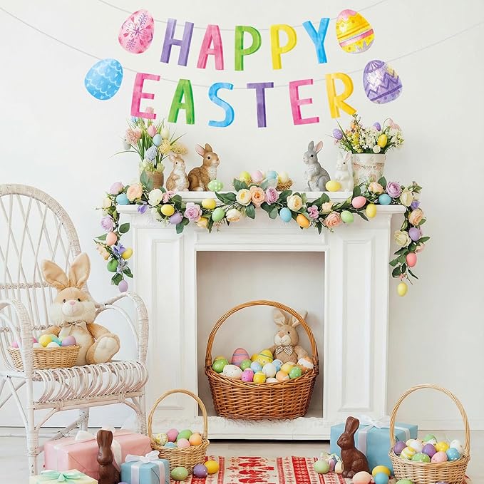 Happy Easter Decorations Banner - DIY Paper Eastesr Banners, Spring Watercolor Eggs Sign Garland Backdrop for 2026 Easter Indoor Outdoor Home Office Fireplace Wall Party Decor Supplies Favors Props