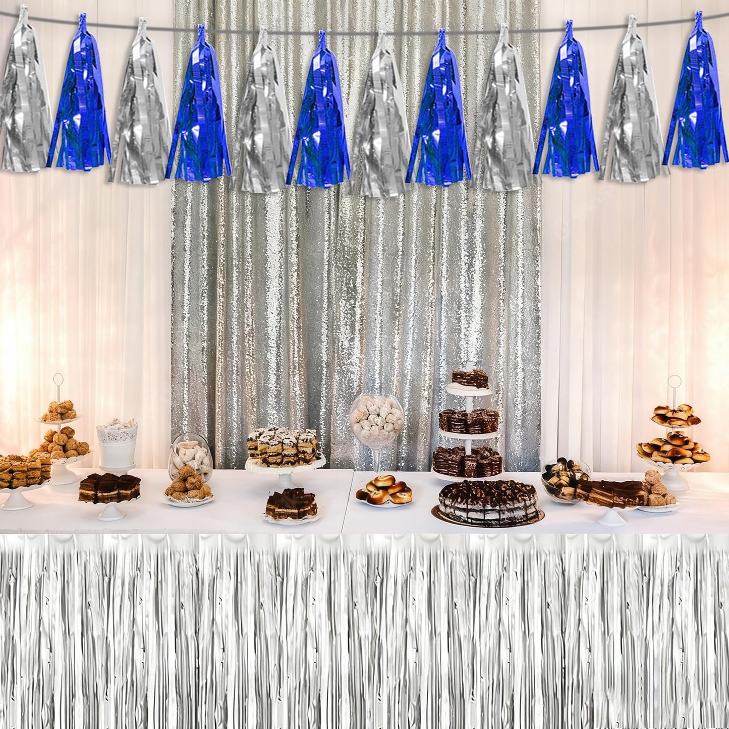 3P Navy-Blue Silver Tassel Banner Garland Metallic Foil Fringe Banner Tinsel Tassels Streamer Banner Backdrop for Parade Floats, Graduation Bridal/Baby Shower Retirement Party Decorations