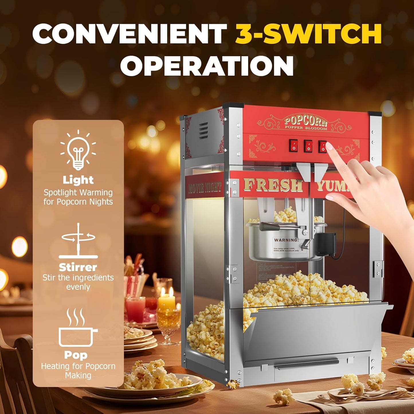 22oz Commercial Popcorn Machine with Cart, Large Popcorn Machine Makes Up to 80 Cups, Movie Theater Pop Corn Machine with Easy-Rolling wheels & Stainless-Steel Kettle, Red