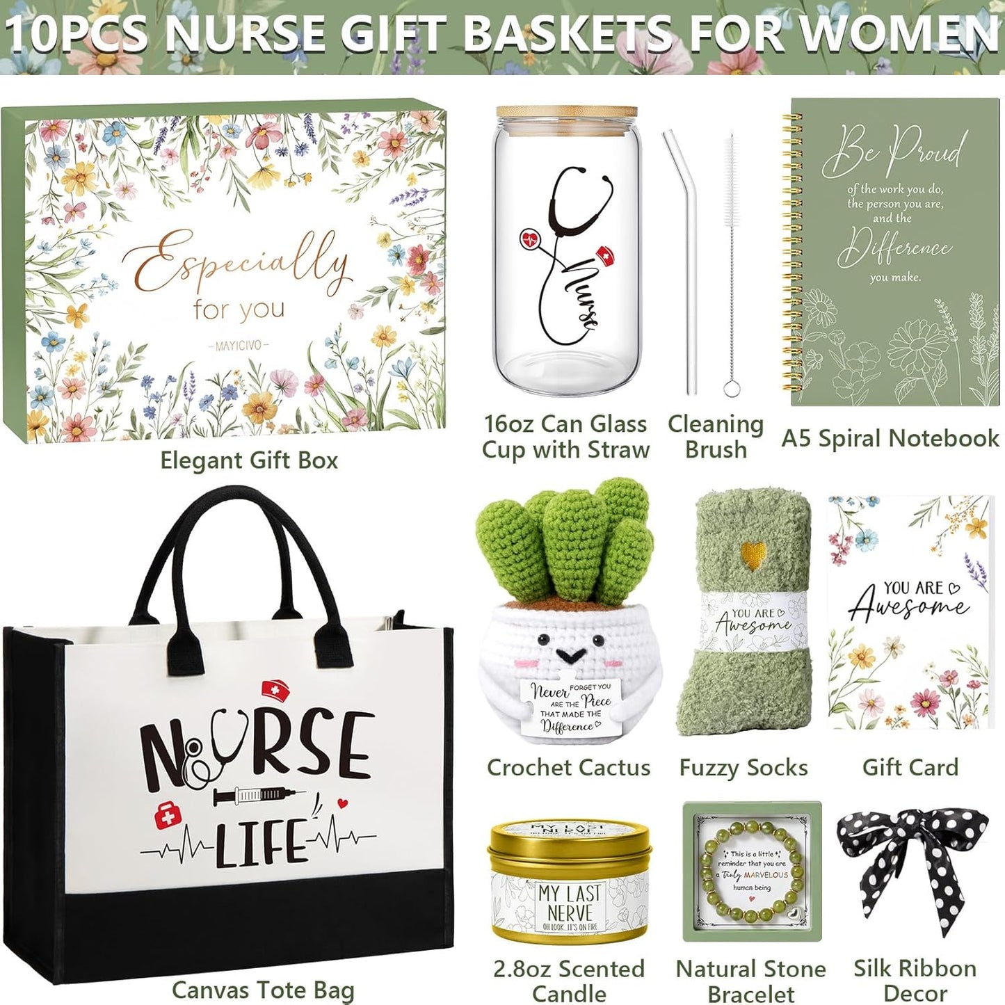 MAYICIVO Christmas Nurse Gifts for Women Female, RN Gifts for Nurses Week, Nicu Nurse Practitioner School Nurses Appreciation Graduation Gift for Nursing Students Gift Baskets with Canvas Tote Bag