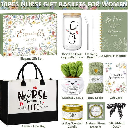 MAYICIVO Christmas Nurse Gifts for Women Female, RN Gifts for Nurses Week, Nicu Nurse Practitioner School Nurses Appreciation Graduation Gift for Nursing Students Gift Baskets with Canvas Tote Bag