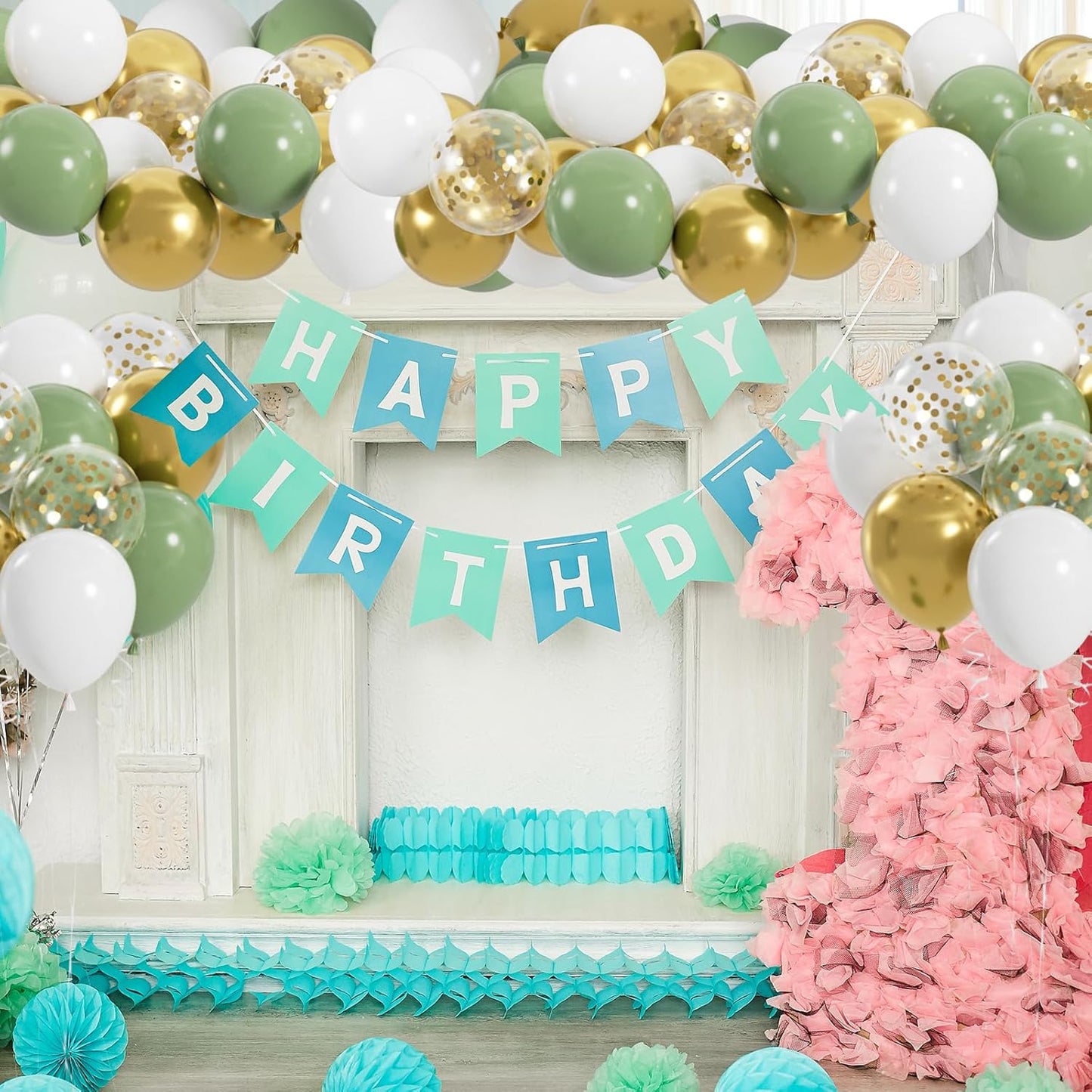 50pcs Sage Green Gold White Balloons, 12inch Olive Green and Gold Confetti Latex Balloons for Birthday Baby Shower Gender Reveal Wedding Party Decoration