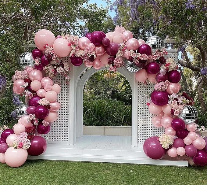 Purple Pink Balloon Arch Double Stuffed Burgungy Pink Pearl Balloons Plum Silver Disco Balloon Garland for Birthday Prom Bridal Shower Mother’s Day Wedding Music Theme Party Decoration