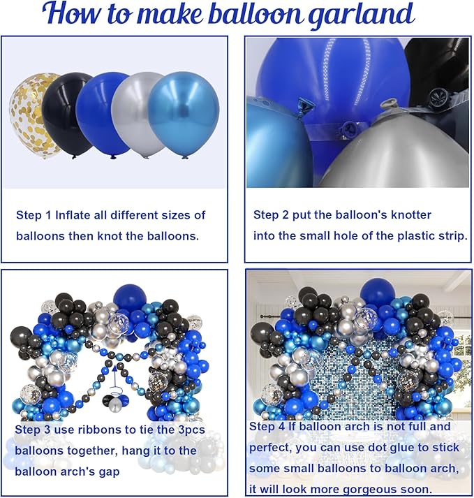 Royal Blue Black and Silver Balloons Garland Arch Kit, 162pcs Different Sizes with Black Royal Blue Metallic Silver Confetti Balloons for Birthday Anniversary 2025 Graduation Prom Party Decorations