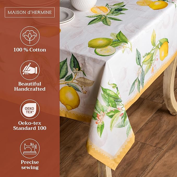 Maison d' Hermine Table Cloth Rectangle Table 100% Cotton 60 x 108 Inches Tablecloth Reusable Decorative for Dining Room Farmhouse Home Valentines Day Decorations Spring Summer - Limoncello