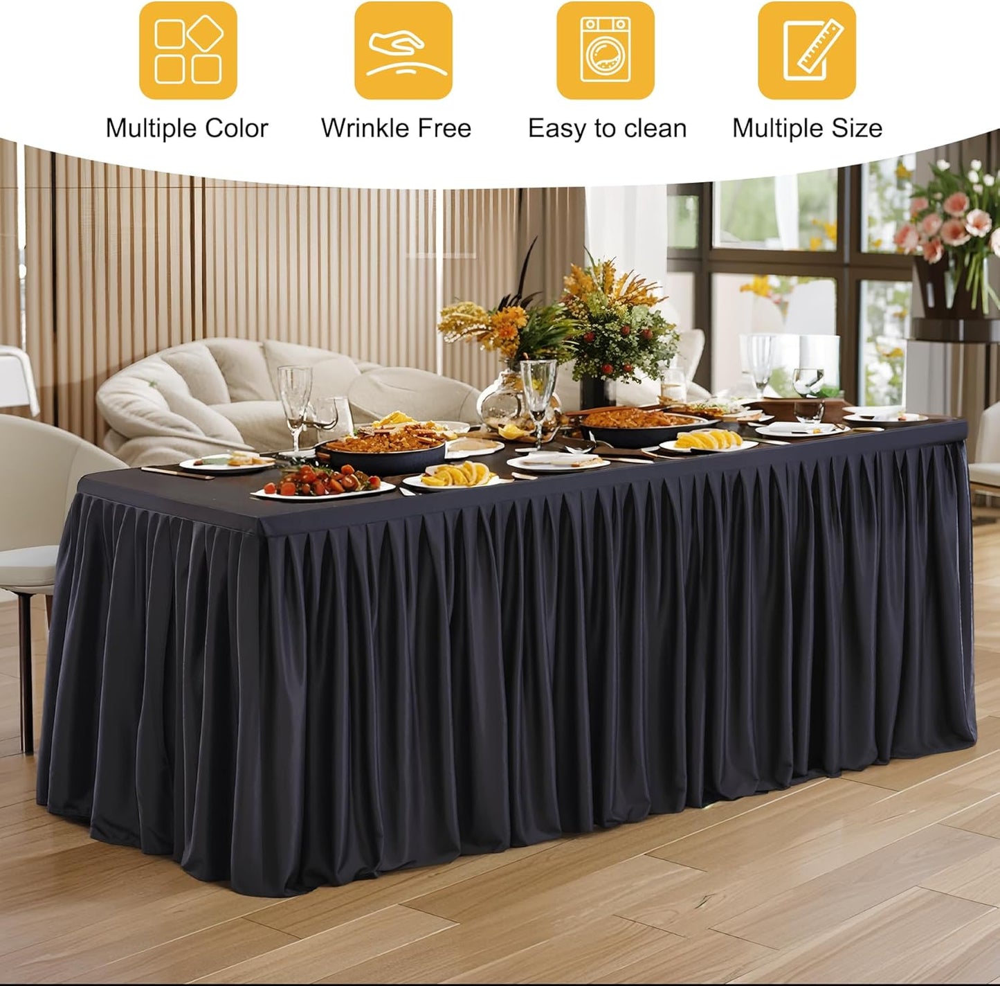 Black Polyester Table Clothes for 8 Foot Rectangle Tables, Wrinkle Free Fitted Table Cover 8ft Stretch Tablecloths with Skirt for Parties Weddings Birthday Banquet Baby Shower