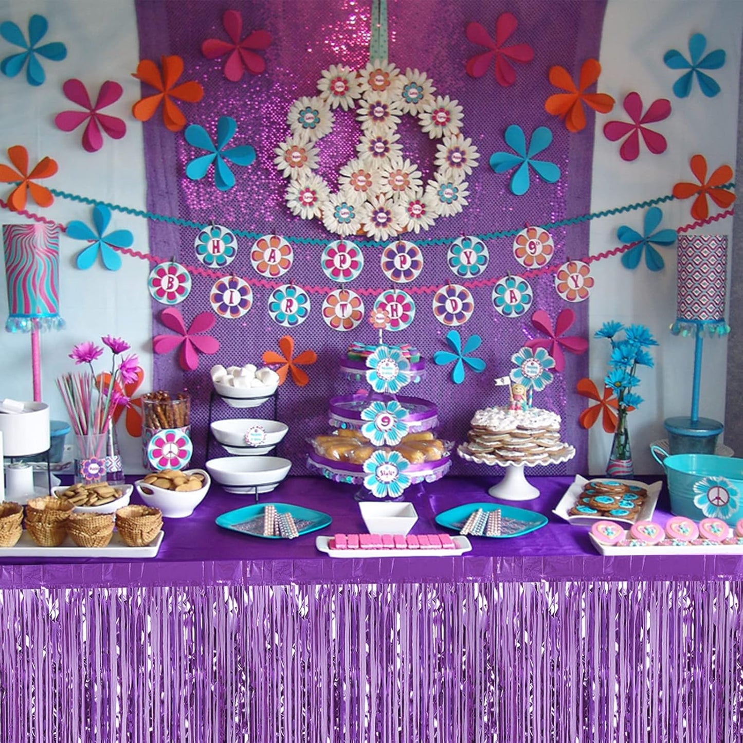 6 Pack 29x108 Inch Light Purple Metallic Foil Fringe Table Skirts Banner for Tinsel Streamer Garland Curtains Backdrop for Parade Floats Wedding Baby Shower Birthday Christmas Halloween Party Decor