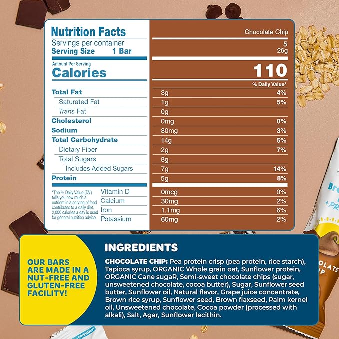 Blake's Breakfast Bars with Protein — Chocolate Chip (30 Count), 5g Clean Plant-Based Protein, Gluten Free, Nut Free, Dairy Free & Vegan, Healthy Snacks for Kids or Adults, School Safe
