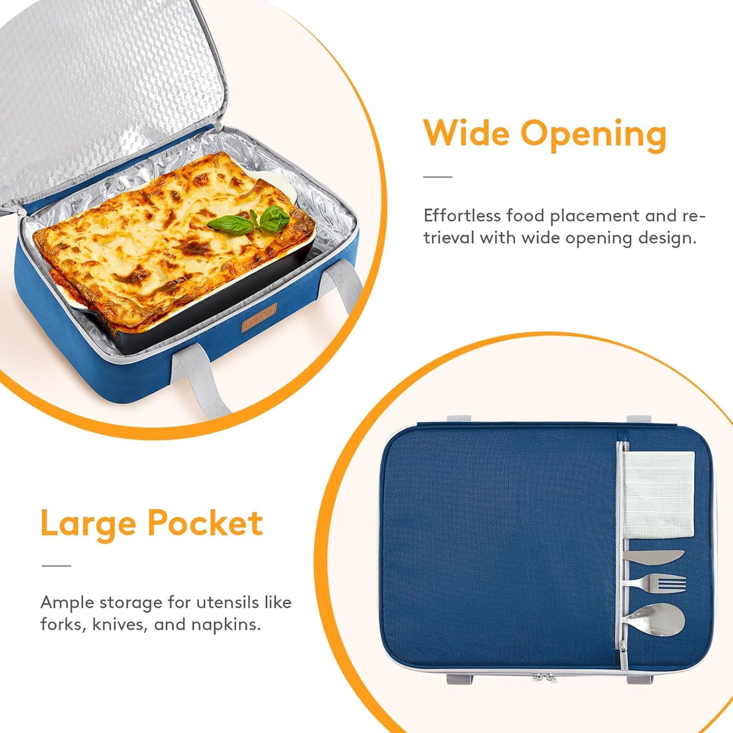 LUNCIA Double Decker Insulated Casserole Carrier for Hot or Cold Food, Lasagna Lugger Tote for Potluck Parties/Picnic/Cookouts, Fits 9"×13" Baking Dish, Pure Blue