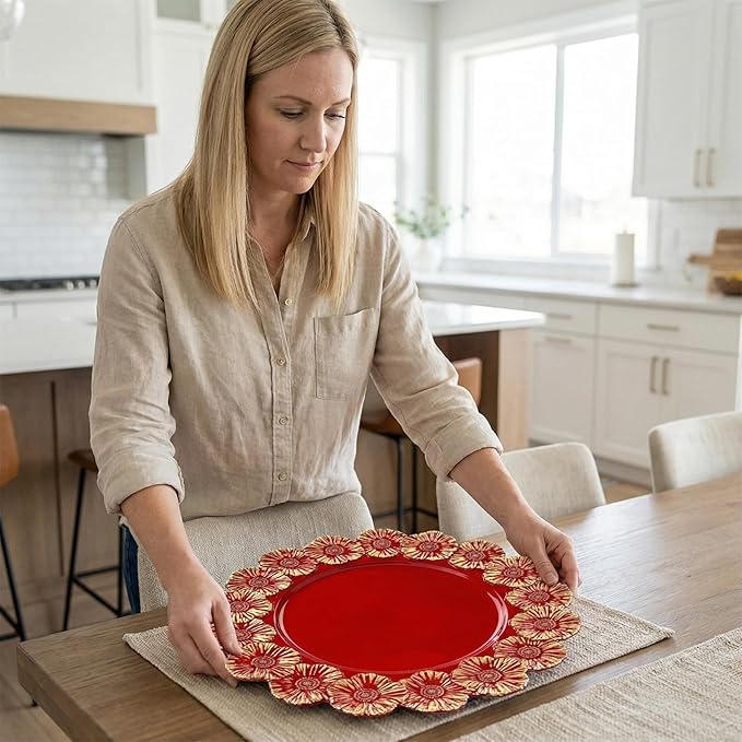 Red Charger Plates with Flower Rim, 13" Round Charger for Dinner Plates, Set of 6 Plastic Plate Chargers for Halloween, Thanksgivng, Christmas.