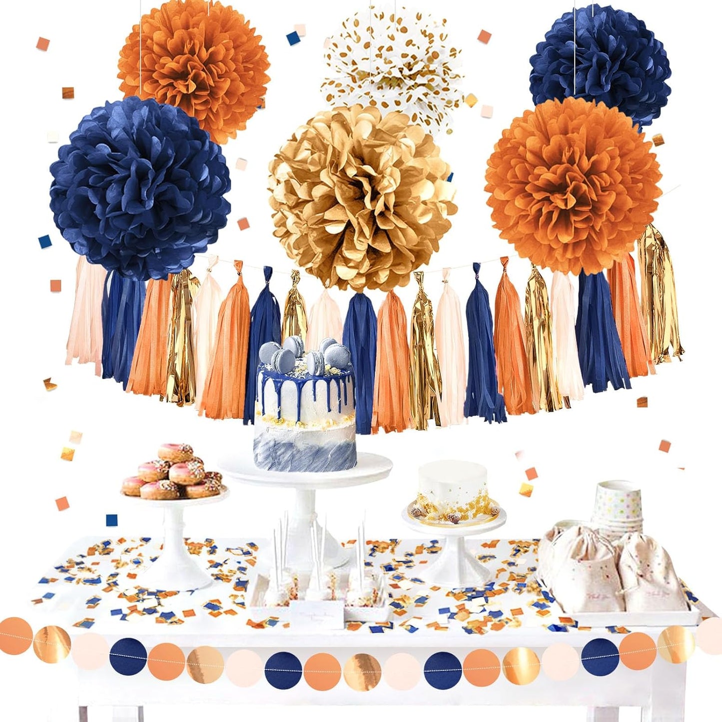 AOBKIAT Fall Baby Shower Party Decorations,28PCS Thanksgiving Home Decor,Orange Navy Gold Tissue Paper Pom Poms,Paper Garland,Hanging tassel,Table Confetti,for Baby Shower,Bridal Shower,Rustic Wedding
