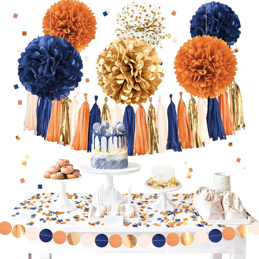 AOBKIAT Fall Baby Shower Party Decorations,28PCS Thanksgiving Home Decor,Orange Navy Gold Tissue Paper Pom Poms,Paper Garland,Hanging tassel,Table Confetti,for Baby Shower,Bridal Shower,Rustic Wedding