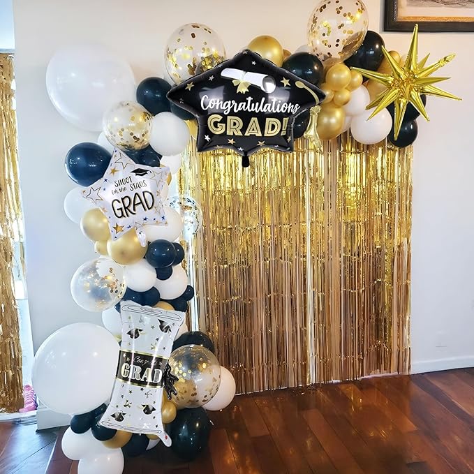 Graduation Balloon Arch Garland Kit 2026, Black Gold Confetti White Graduation Decorations with Foil Grad Cap Diploma Star Balloons for Congrats Class of 2026 Graduates Celebrations Party Decorations