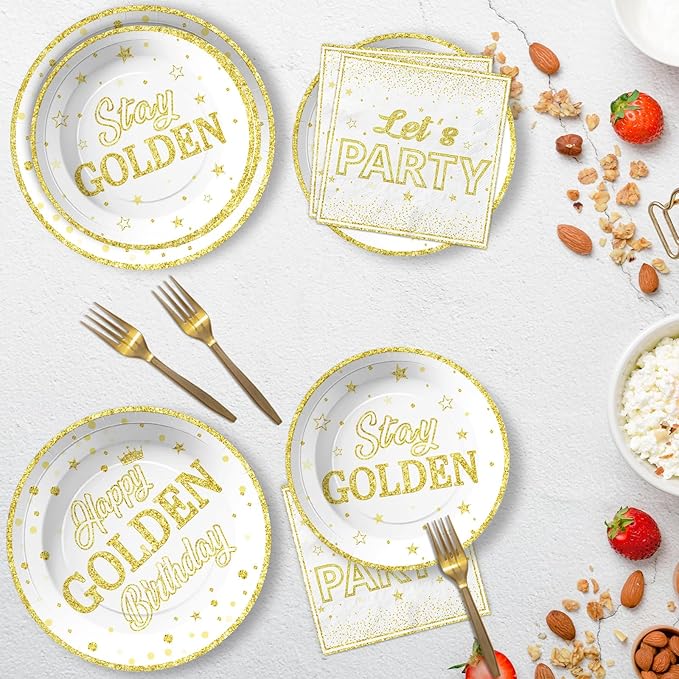 96Pcs Golden Birthday Party Decorations White Gold Plates and Napkins Disposable Stay Golden Paper Tableware Set for Women Men Happy Birthday Party Supplies, Serves 24