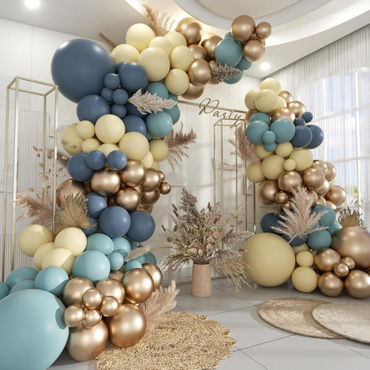 Dusty Blue Yellow Gold Balloon Garland Arch Kit, 160Pcs Boho Retro Blue Pastel Blue Macaroon Yellow Metallic Gold Balloons for Baby Shower Birthday Wedding Party Decoration