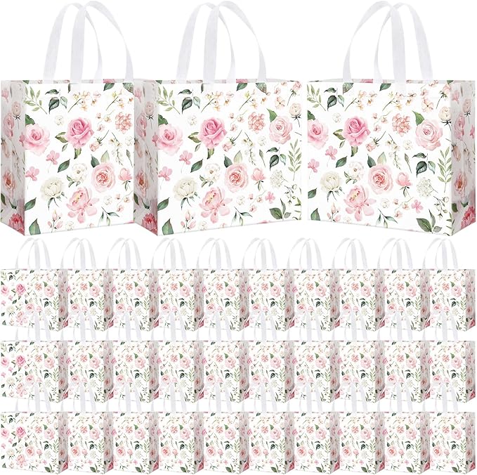 Abbylike 30 Pack Pink Floral Theme Reusable Gift Bag Bulk Large Flower Print Shopping Bag Tote Non Woven Tote for Wedding Birthday Baby Shower Family Holiday Travel, 12.2 x 11.02 x 4.72 Inches