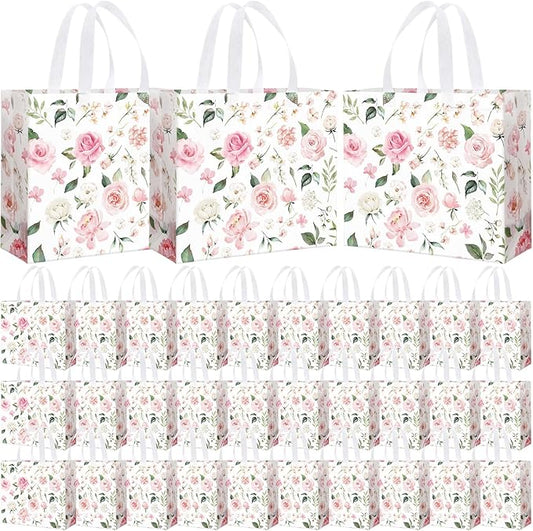 Abbylike 30 Pack Pink Floral Theme Reusable Gift Bag Bulk Large Flower Print Shopping Bag Tote Non Woven Tote for Wedding Birthday Baby Shower Family Holiday Travel, 12.2 x 11.02 x 4.72 Inches