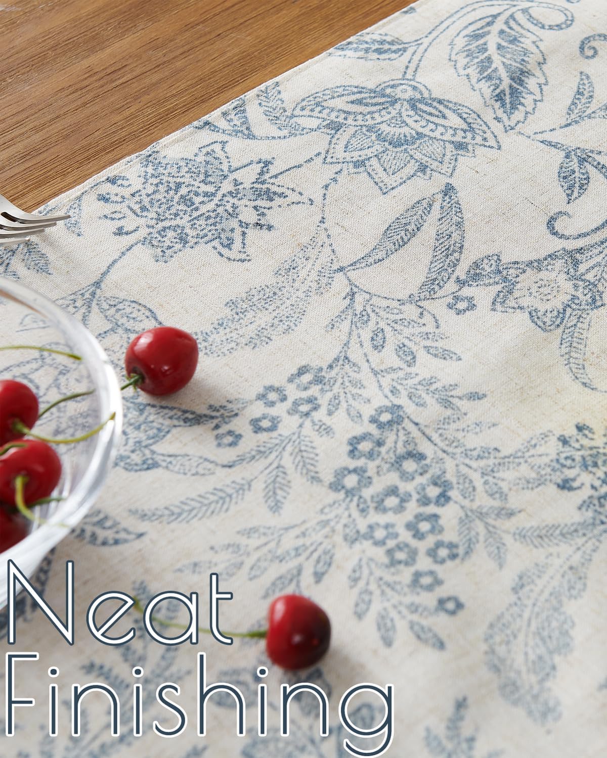 jinchan Spring Table Runner Linen Farmhouse Table Cloth Blue Floral Decorative 72 Inch Botanic Printed Burlap Handcrafted Flax Coffee Table Decor 1 Panel Blue on Beige