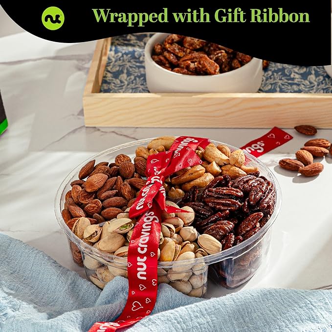 NUT CRAVINGS - Halloween Treats For Adults Mixed Nuts Gift Basket + Heart Ribbon (4 Assortments) Holiday Xmas Christmas Food Arrangement, Healthy Snack Care Package, Food Assortments