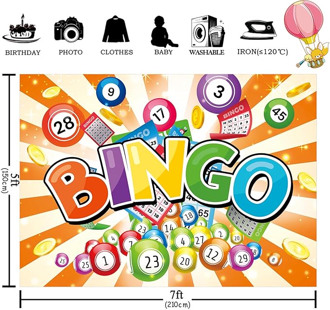 Homewelle Bingo Night Orange Colorful Backdrop 7Wx5H Feet Polyester Fabric Gaming Gamer Game Time Cards Contest Casino Decoration Winning Snooker Ball Winner Photography Background Photo Shoot Props