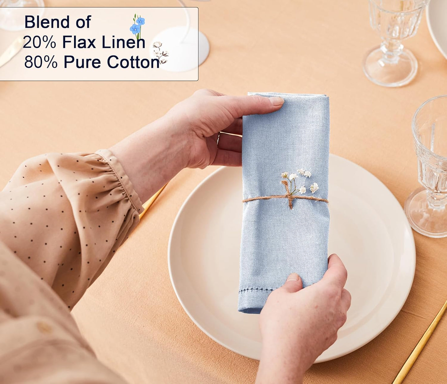 Ruvanti Premium Linen Napkins Set of 6-20x20 Inch, Classic Hemstitch, Mitered Corner Cloth Napkins - Soft, Elegant Dinner Napkins Cloth Washable for Weddings, Parties, Everyday Use - Arctic Ice