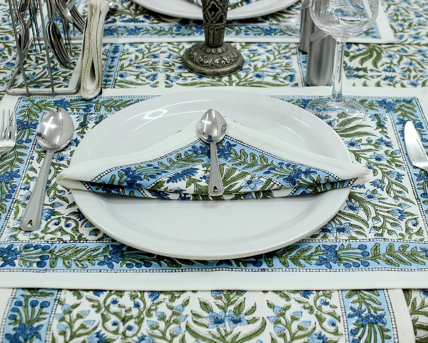 110 Inches Round Hand Block Printed Cotton Tablecloth, Blue White Floral Table Cloths Washable, Indian Table Linen for Dinning Home Decor Autumn Outdoor Thanksgiving Gifts