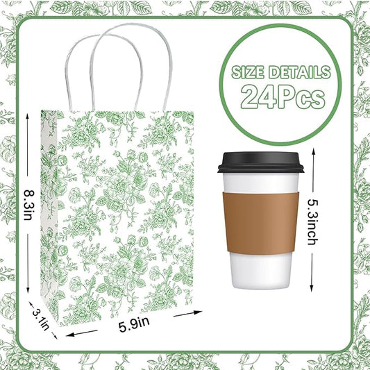JarThenaAMCS 24Pcs Sage Green Floral Paper Gift Bag Vintage Flower Treat Bags with Handles Chinoiserie Candy Goodie Packaging Bags for Birthday Wedding Party Favors Supplies