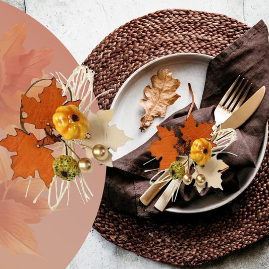 Angel Isabella Fall Themed Napkin Rings - Harvest Maple Wood & Pumpkin Cloth Napkin Holder for Table Setting - Fall Banquet, Thanksgiving, Christmas or Wedding Table Decor (12pc, Harvest Wood)