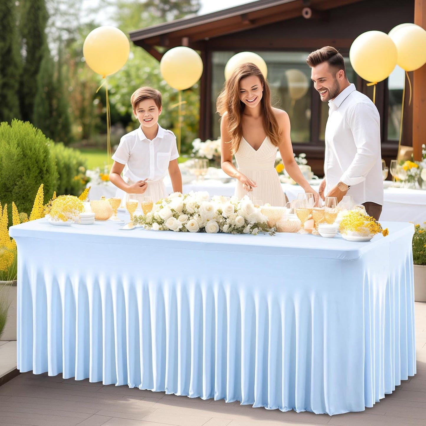 PARTISKY Blue Spandex Tablecloth for 4ft Rectangle Tables, Stretchable Table Cover Skirt for Folding Tables Weddings Parties Banquets Events Trade Shows and Dessert Table
