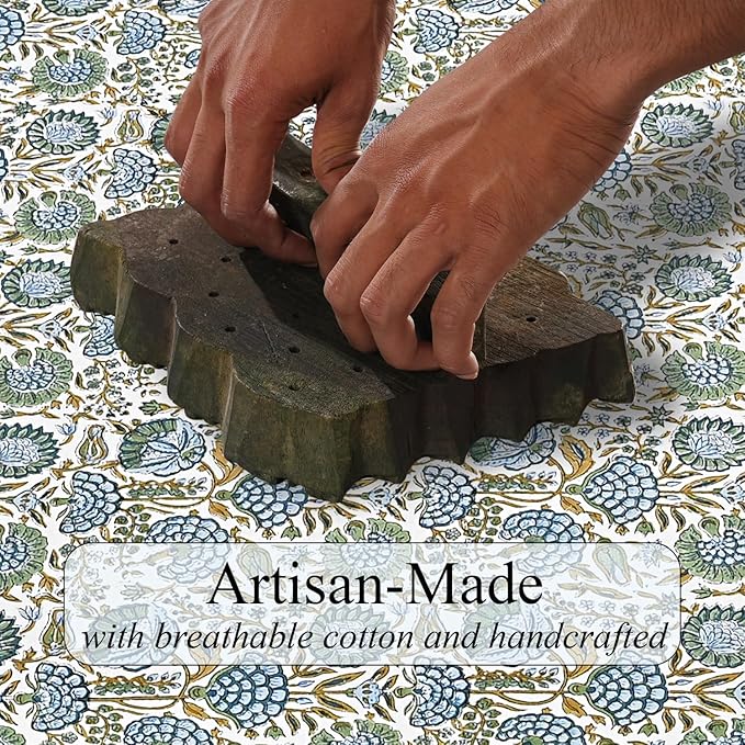 Ridhi Hand Block Print Asparagus Green Rectangle Cotton Tablecloth 160" x 72" Reusable Table Cover Decorative Everyday Use for Dining, Farmhouse, Home Gift for Spring, Easter, Valentine