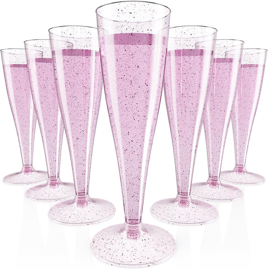 JOLLY CHEF 100 Pack Plastic Champagne Flutes Disposable 4.5 oz Purple Glitter Plastic Champagne Glasses Suitable for Wedding, Thanksgiving Day, Christmas
