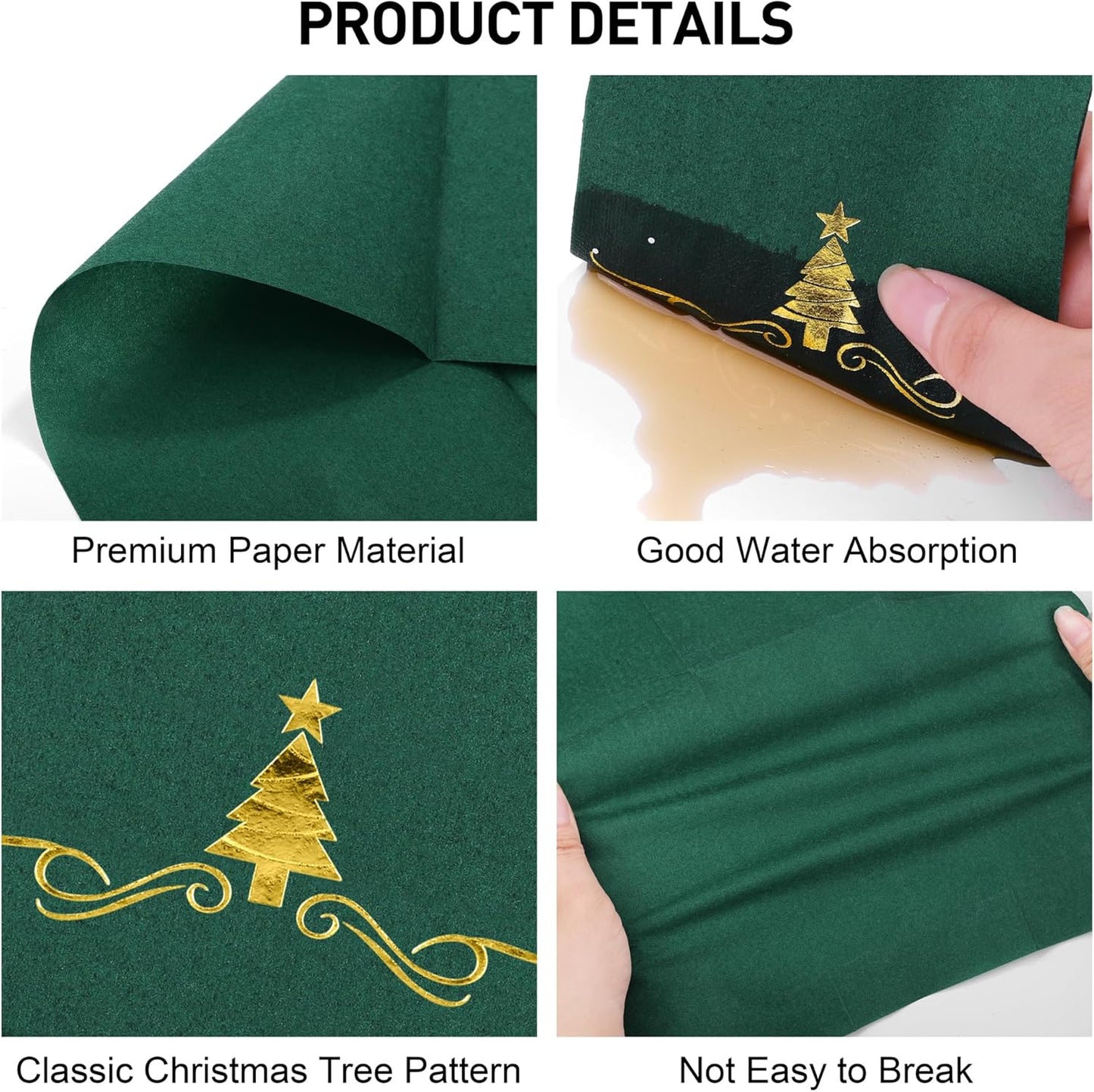 100 Pack Christmas Disposable Guest Napkins 12 x 17 Inch Gold Foil Christmas Trees Napkins Xmas Tree Hand Towels for Bathroom Kitchen Weddings Christmas Holiday Party, Green