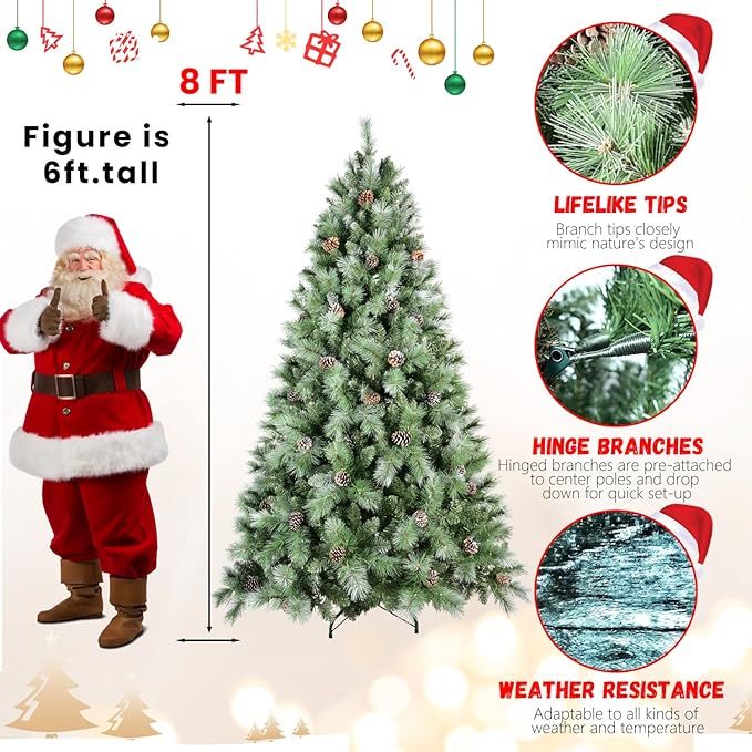 8FT Frosted Christmas Tree with 102 Pine Cone & Pine Needles, Premium Unlit Artificial Christmas Tree with 1858 Branch Tips, Realistic Hinged Xmas Trees with Metal Stand for Holiday Decoration