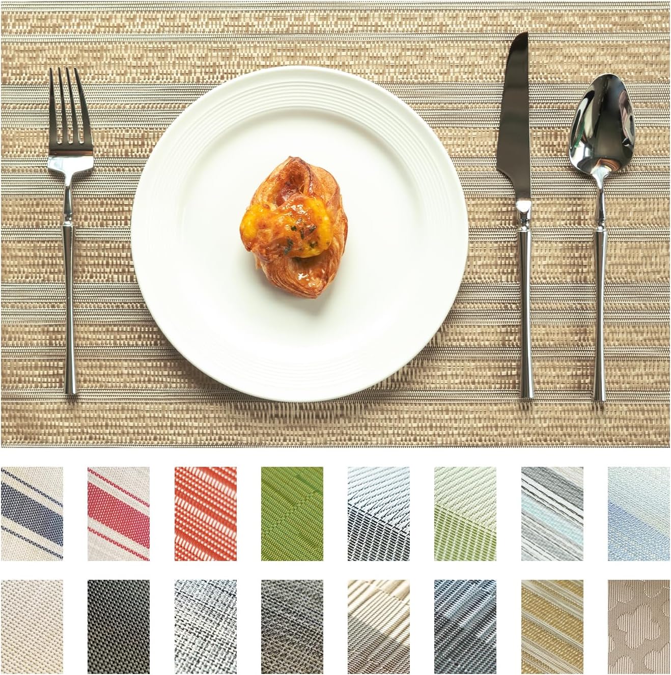 Placemats Set of 6 Vinyl/Plastic Woven Place Mats for Kitchen Table Indoor/Outdoor Washable Placemat Wipeable Dining Table Mats (Aurora Gold,6)