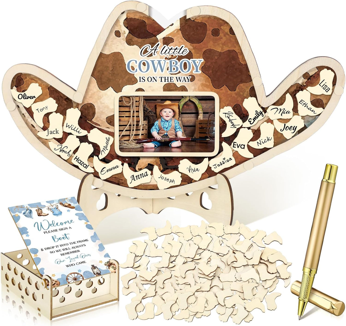 Wenqik 63 Pcs Cowboy Baby Shower Guest Book Alternatives Set Baby Shower Decorations with Photo Frame Sonogram Frame Keepsake 60 Wood Slices Guest Book for Birthday