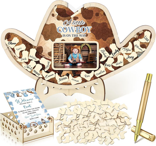 Wenqik 63 Pcs Cowboy Baby Shower Guest Book Alternatives Set Baby Shower Decorations with Photo Frame Sonogram Frame Keepsake 60 Wood Slices Guest Book for Birthday
