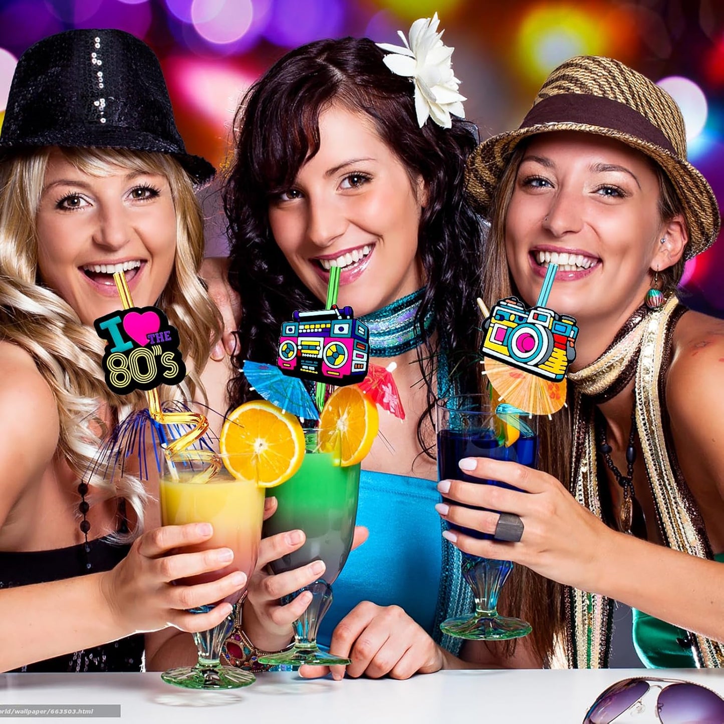 24pcs 80s Party Favors Retro Straws Hip Hop Themed Music Party Decorations Straws 80s Radio Speaker Phone Tape Supplies With 2 Brushes 8 Color
