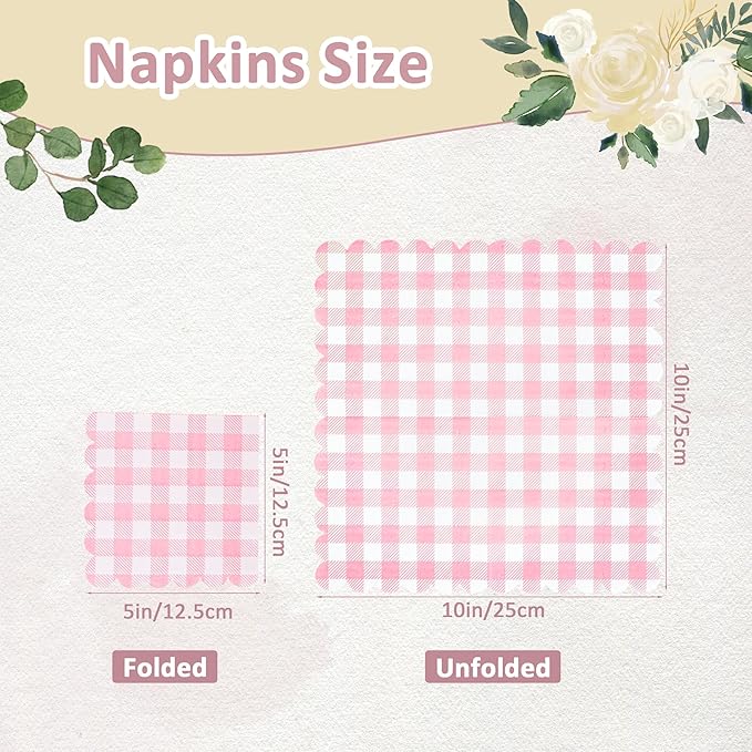 100 Pcs Pink Napkins Scalloped Plaid Cocktail Napkins Folded 5 x 5 Inches Disposable Napkins for Wedding Birthday Party