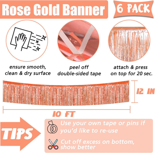 6 Pack 10 Feet Foil Fringe Garland Metallic Tinsel Banner Wall Hanging Curtain Streamers Backdrop for Parade Floats Bachelorette Wedding Birthday Party Thanksgiving Christmas Decorations(Rose Gold)