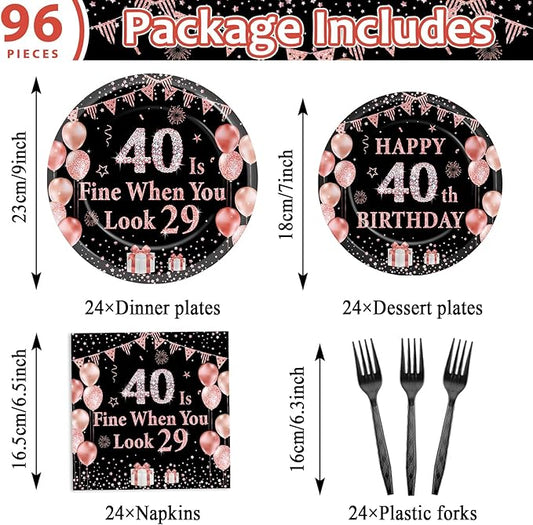 96PCS 40th Birthday Paper Plates and Napkins for 40 Is Fine When You Look 29 Themed Party Supplies Black Rose Gold Dinnerware Set for Women Cheers to Forty Birthday Gatherings Decorations