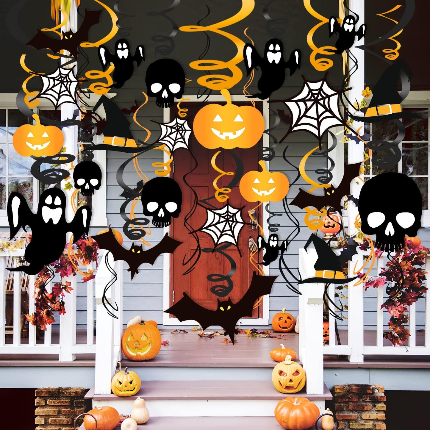 Zayvor 40CT Halloween Hanging Swirl Decorations,Outdoor Indoor Hanging Ceiling Streamers and Strings Decor, Hanging Ghost Bats Spider Halloween Decorations Holiday Decor Supplies,Black Gold