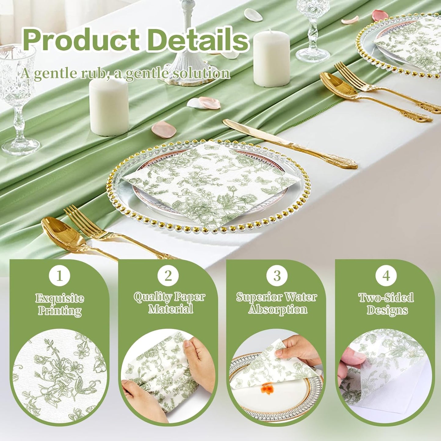 100Pcs Sage Green Floral Napkins Beverage Cocktail Napkin Disposable Green Paper Dinner Napkin Fancy Decorative Hydrangea Flower Guest Hand Towel for Wedding Bridal Baby Shower Birthday Party