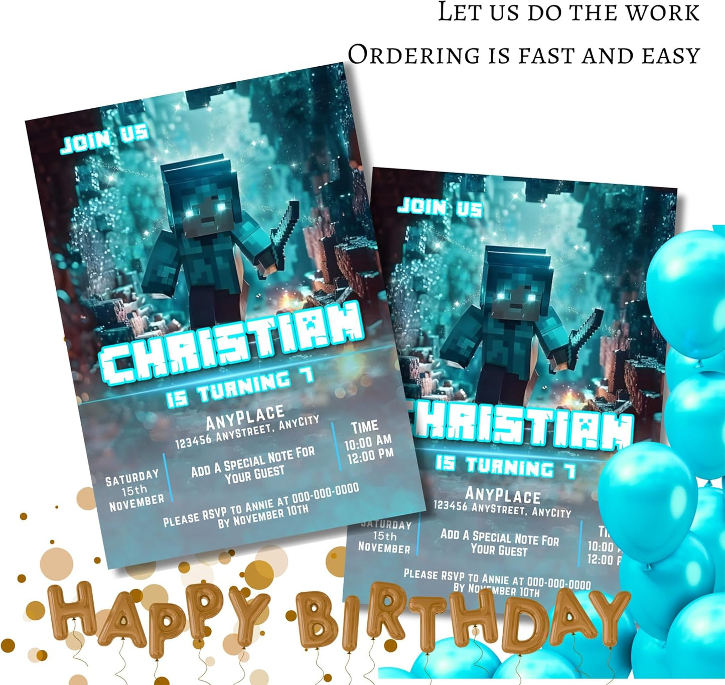 Fully Customizable minecraft Birthday Party Invitations, 4 x 6 inches, with Self-Sealing Envelopes, Gaming Theme Design, minecraft Birthday Invitations for Boys and Girls (Minecraft/Cave)