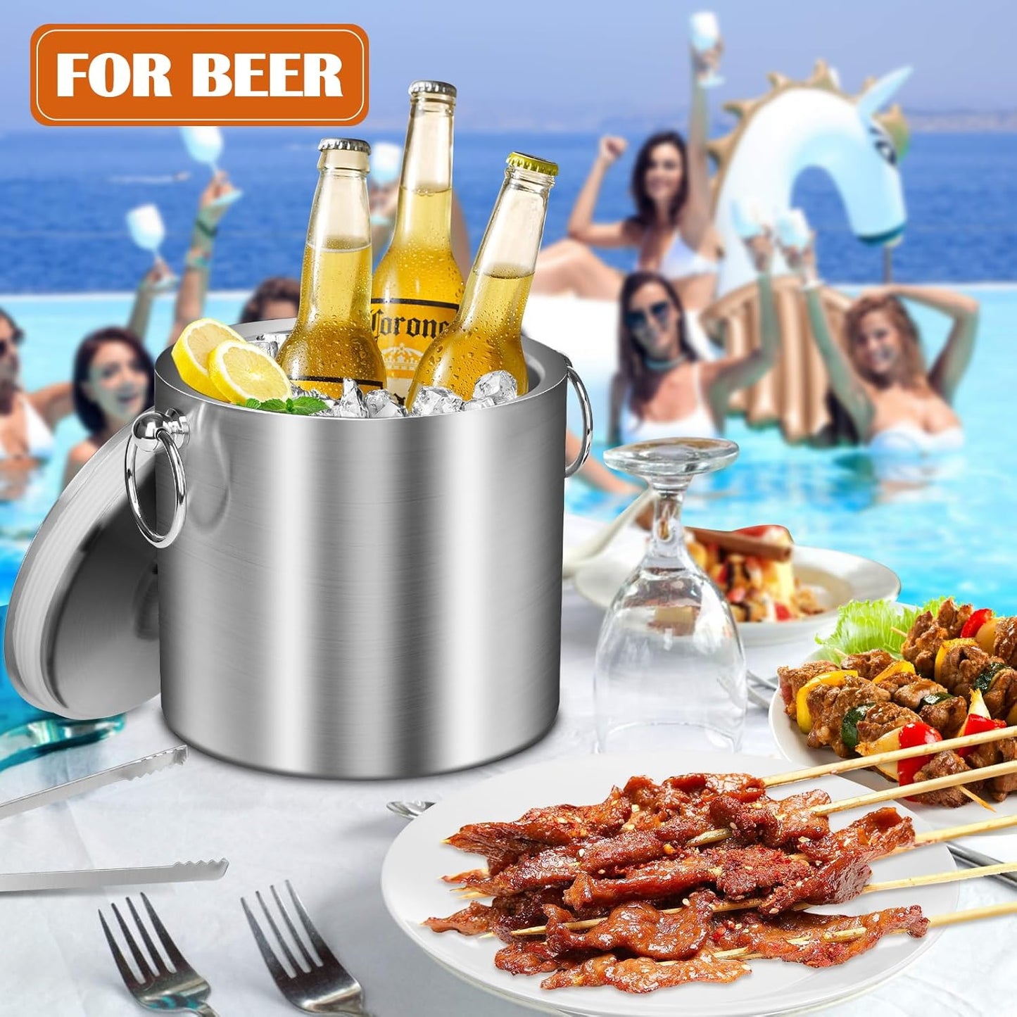 Ice Bucket with Lid & Tong- Well Made Insulated Stainless Steel Keep Ice Frozen Longer - Ideal for Cocktail Bar, Parties, Chilling Wine, Champagne - 3 Liter (Stainless Steel)