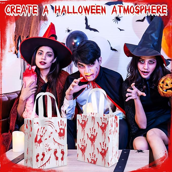Wovnet 30 Pcs Halloween Party Favor Gift Bags Bloody Handprint Reusable Non Woven Goodie Treat Bags with Handle Horror Theme for Halloween Party Supplies 10 x 8 x 4in