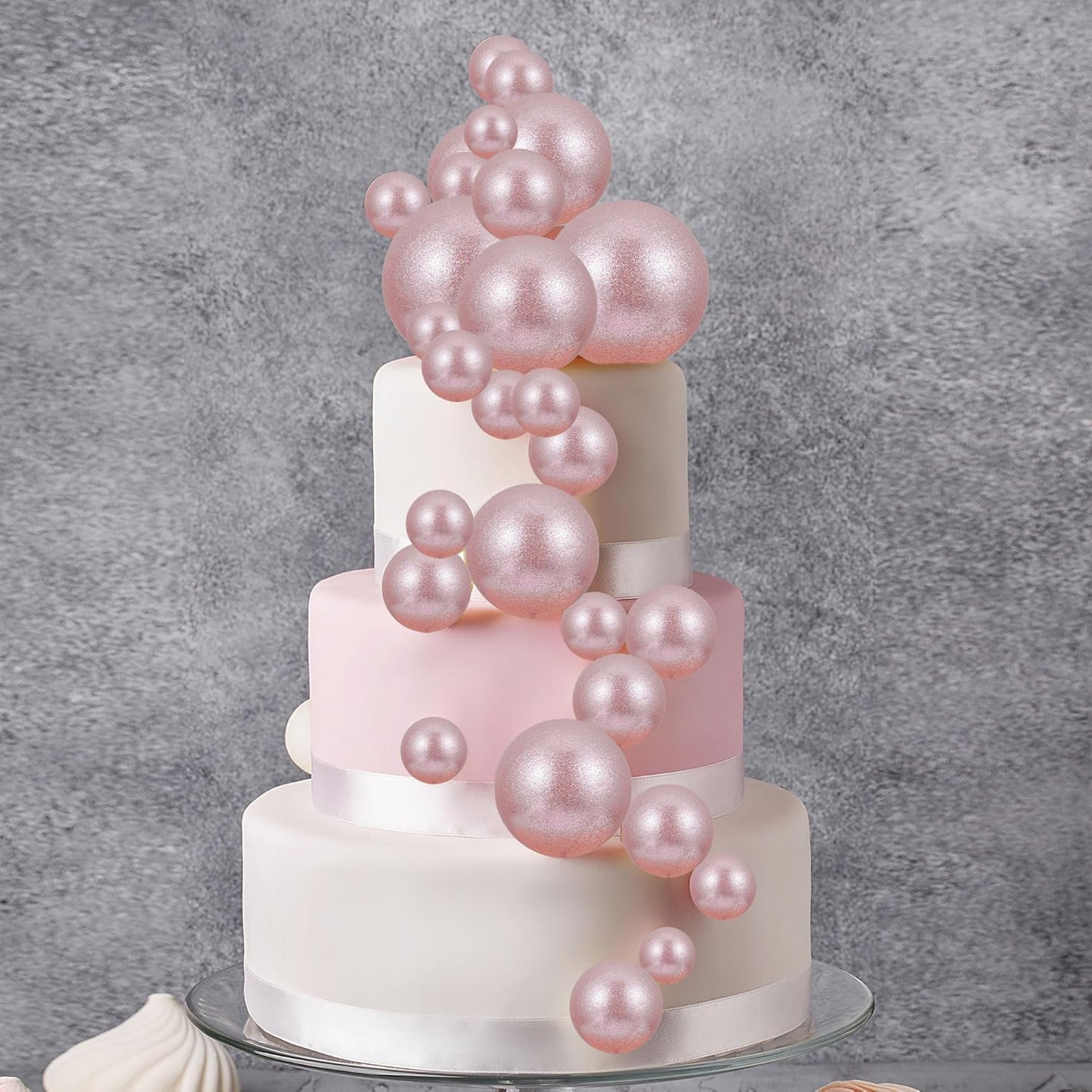 30Pcs Mini Balloon Cake Topper Glitter Foam Ball Cake Picks Decorations Faux Pearl Balls DIY Cake Insert Topper Baking Decoration for Baby Shower Wedding Anniversary Birthday Party Supplies Light Rose