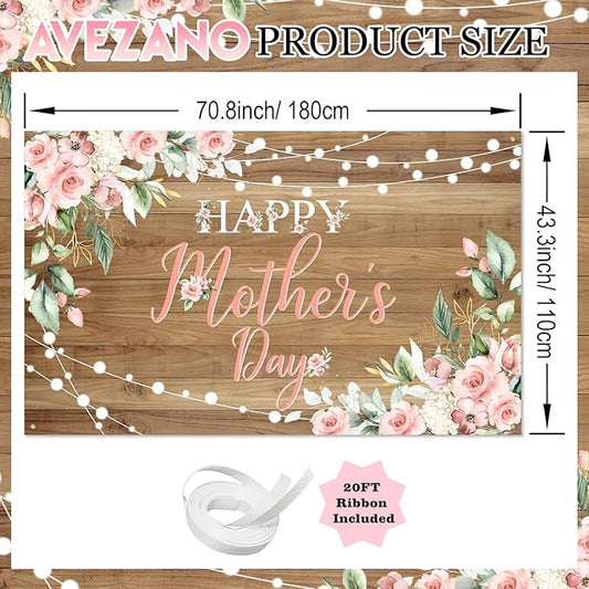 Avezano Happy Mother's Day Banner Floral Wood Mothers Day Backdrop Happy Mothers Day Party Decorations Thanks Mother's Day Photo Booth Props 6x3.6ft