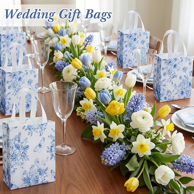 Wovnet 30 Pcs Blue Floral Gift Bags Bulk Reusable Non Woven Vintage Floral Tote Treat Goodie Candy Bags with Handles Spring Flowers Party Favors Pouch for Holiday Wedding Party Decor 10 x 8 x 4 Inch