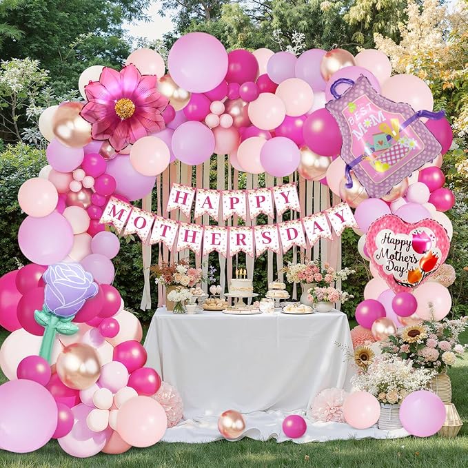 112PCS Mother's Day Balloons Arch Garland Kit Mothers Day Decorations Foil Mothers Day Balloon Flower Best Mom Balloon Latex Hot Pink Rose Gold Pink Balloons Happy Mother's Day Banner Birthday Decor