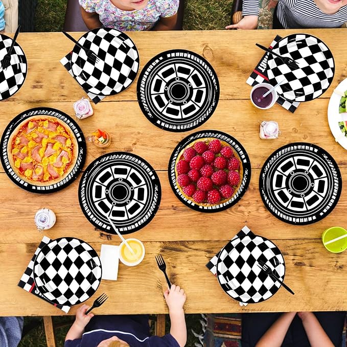 Grencian 200Pcs Race Car Birthday Party Decorations Race Car Plates and Napkins Disposable Black White Checkered Paper Tableware Set for Children Men Racing Themed Birthday Party Supplies Serve 24